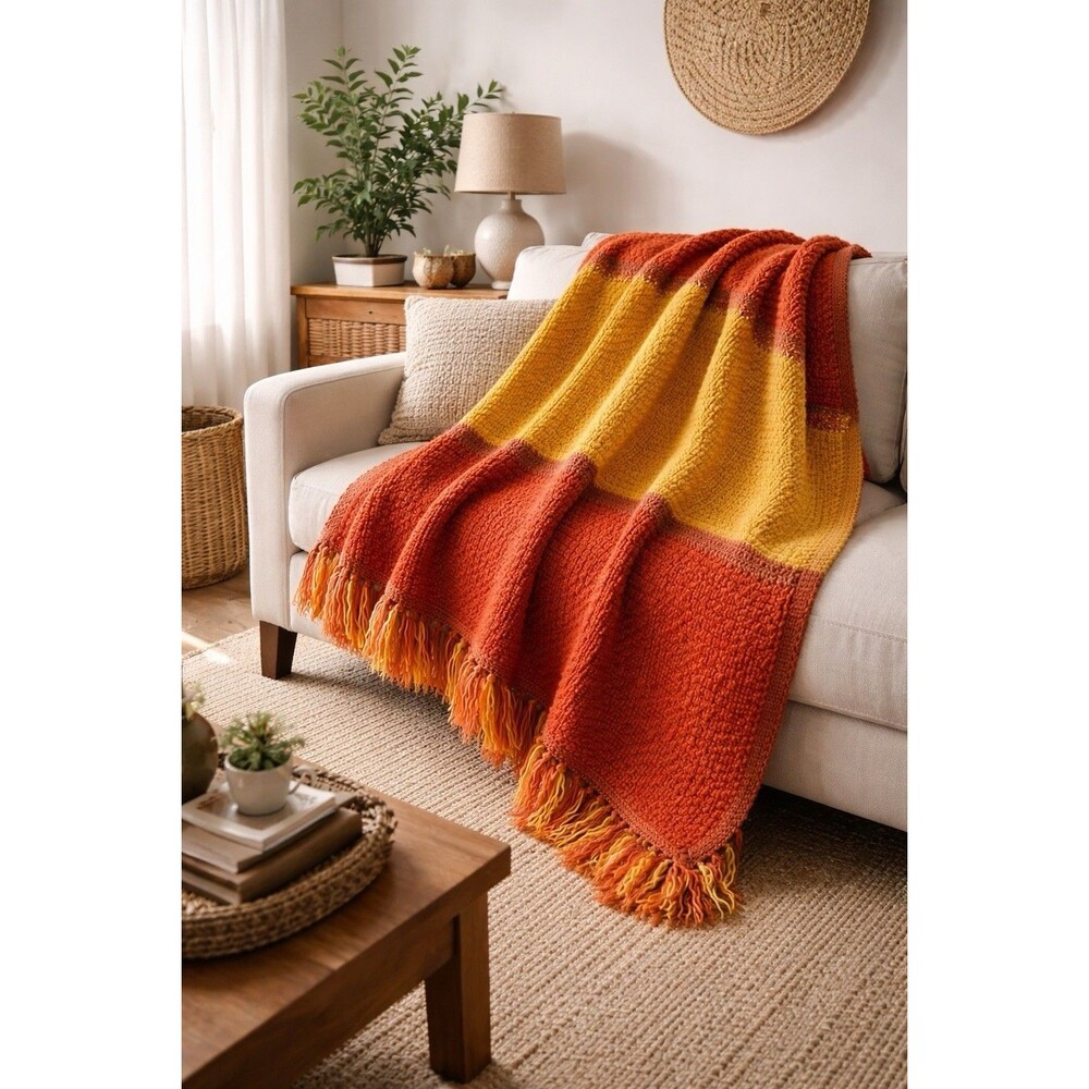 Handmade Crochet Throw Blanket Shawl 76x76” Fringe Boho Fall Colors